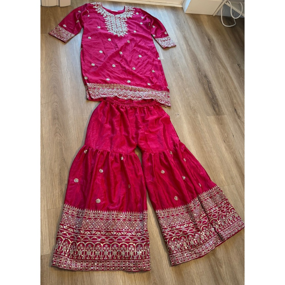 Fashion Frontier Pink Sharara Set Embroidered Sequin Indian Ethnic 2XL Runs Smal
